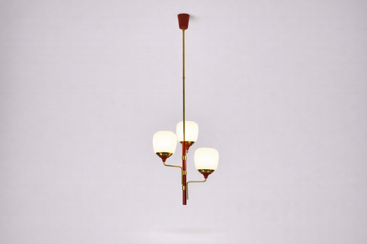 Shop 1950s Stilnovo-Style Pendant in Brass, Red Lacquer & Opaline Glass - Spirit Gallery Vintage Furniture