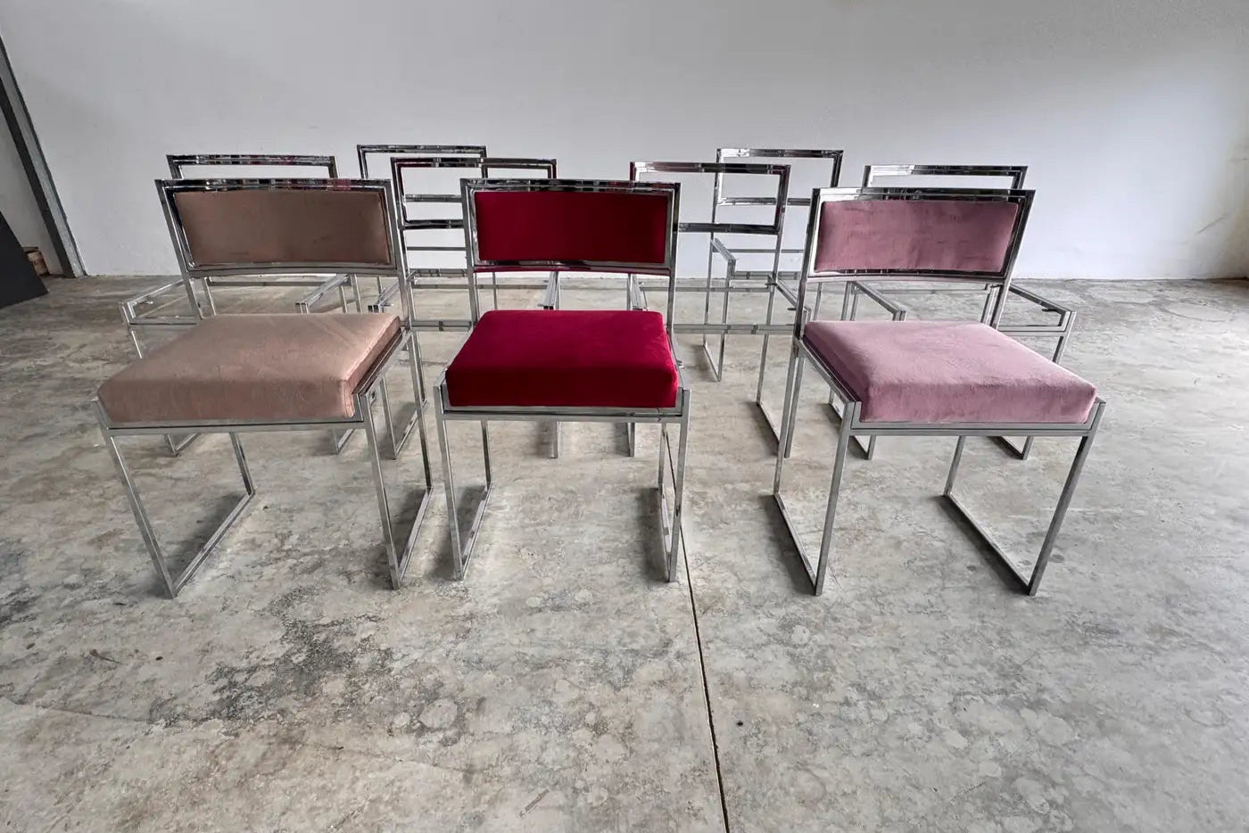 Set of 8 Chrome & Velvet "SQ-AL" Dining Chairs by Willy Rizzo, France, 1970s