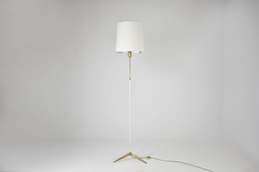Italian Brass and White Metal Tripod Floor Lamp in the Style of Stilnovo, 1950s
