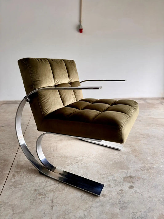 Paire de fauteuils de salon chromés en velours olive, style Mid-Century, années 1970