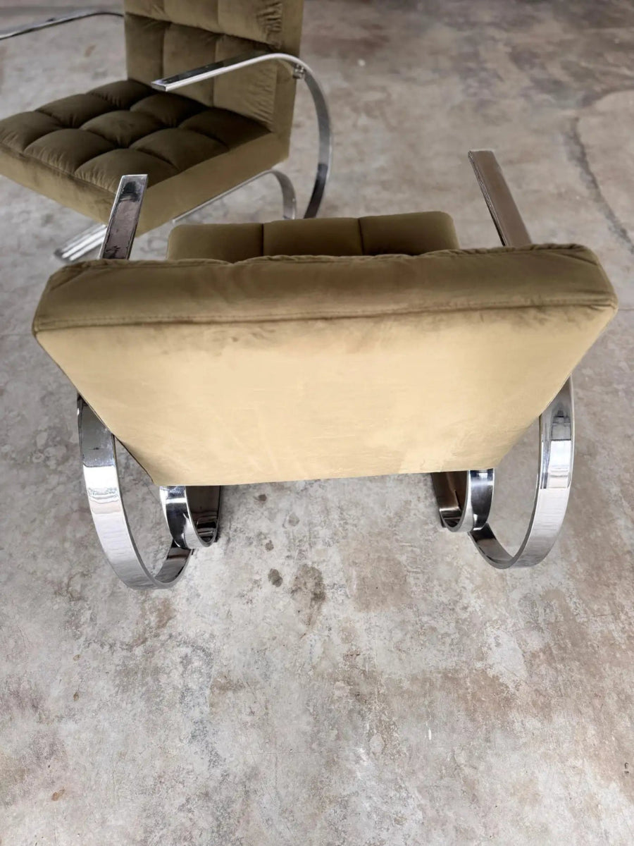 Pair of Mid-Century French Chrome Lounge Chairs in Olive Velvet, 1970s