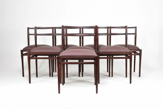 Lot de 8 chaises de salle à manger italiennes en cuir et bois des années 1970, style Stildomus