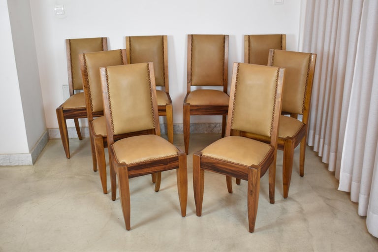 Set of 8 Walnut & Leather Dining Chairs by André Sornay, France 1930s