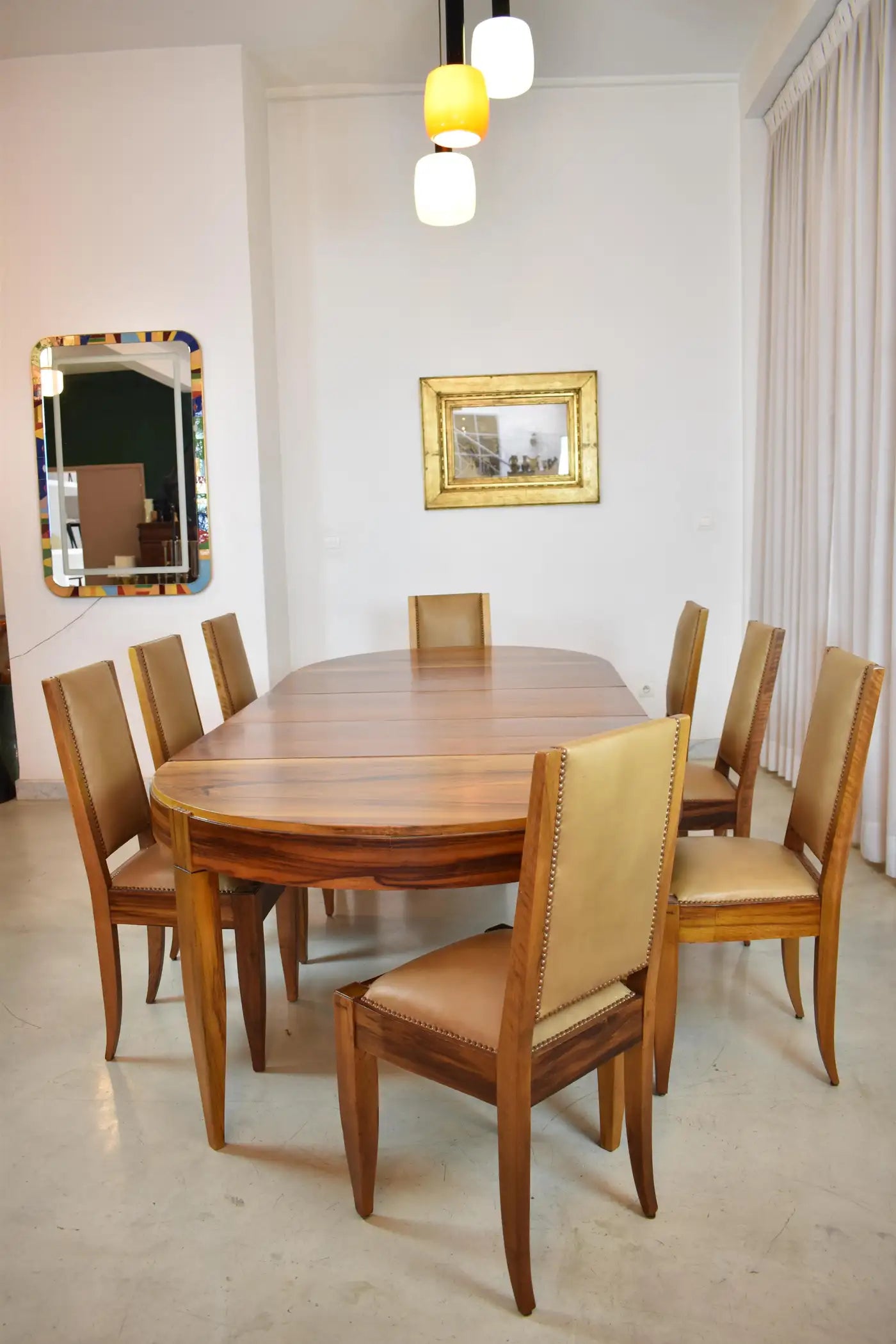 Set of 8 Walnut & Leather Dining Chairs by André Sornay, France 1930s