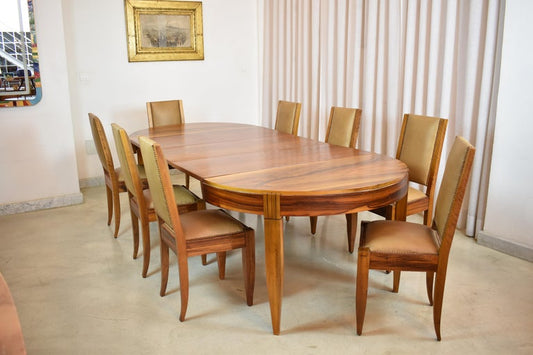 Set of 8 Walnut & Leather Dining Chairs by André Sornay, France 1930s