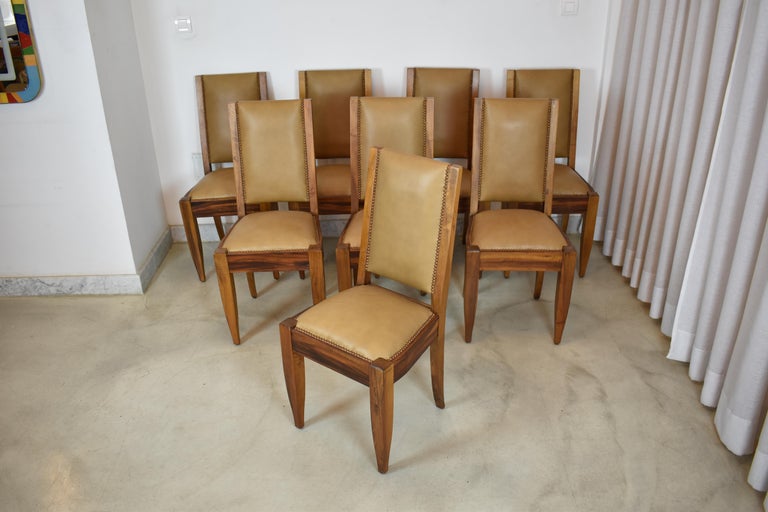 Set of 8 Walnut & Leather Dining Chairs by André Sornay, France 1930s