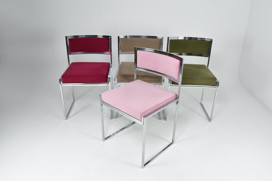 Italian Set of 4 Chrome & Velvet "SQ-AL" Dining Chairs by Willy Rizzo, 1970s
