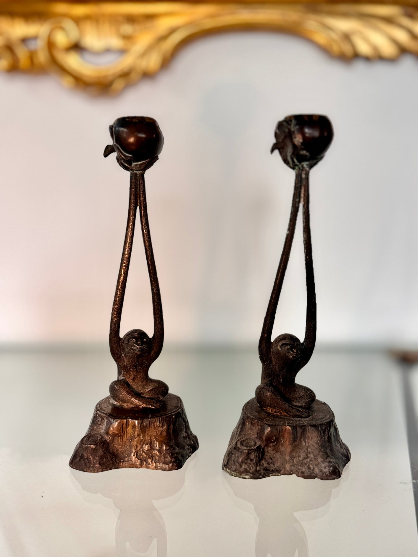 Vintage Patinated Bronze Monkey Cast Candlesticks, circa 1950-1970