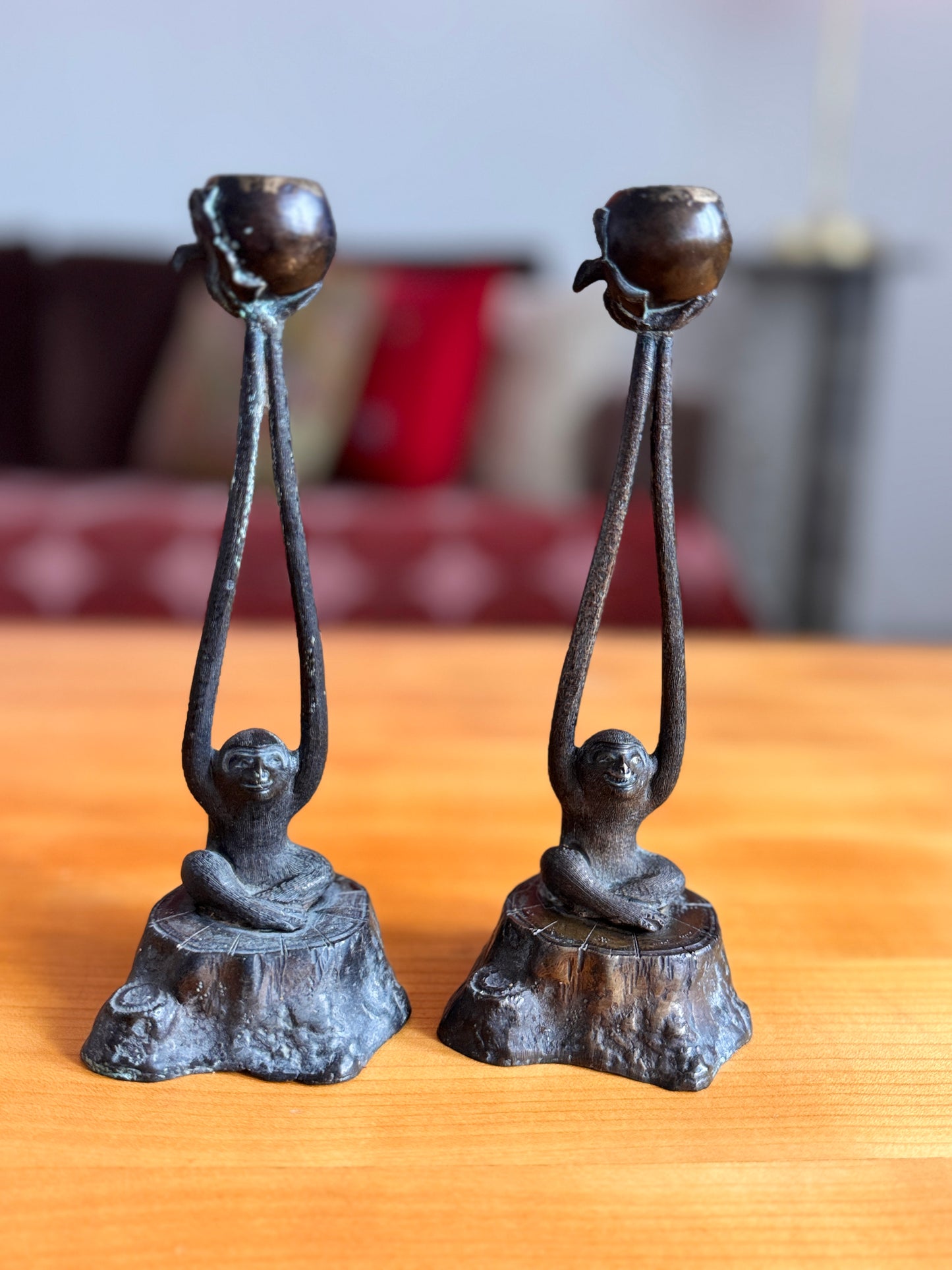Vintage Patinated Bronze Monkey Cast Candlesticks, circa 1950-1970