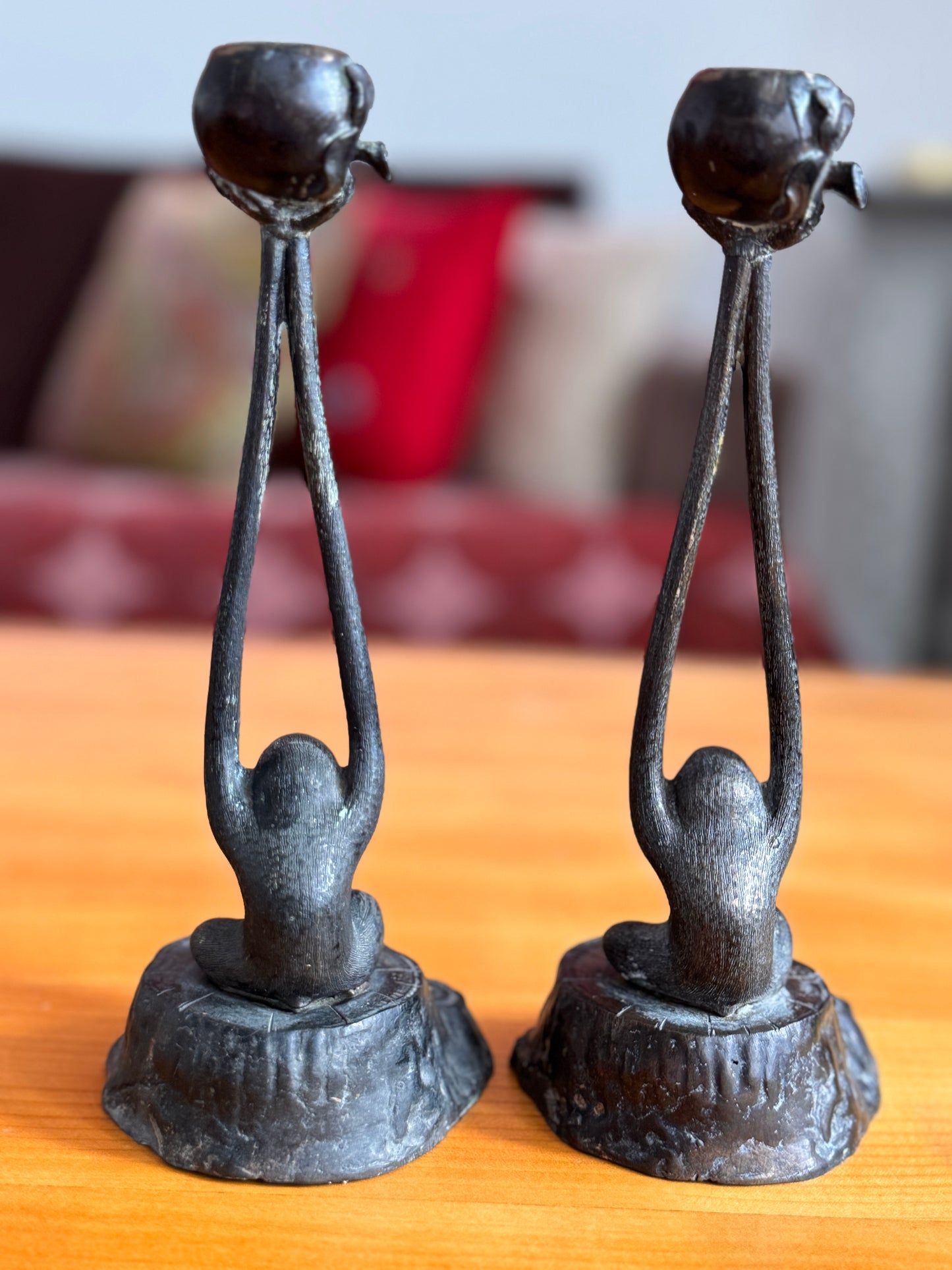 Vintage Patinated Bronze Monkey Cast Candlesticks, circa 1950-1970