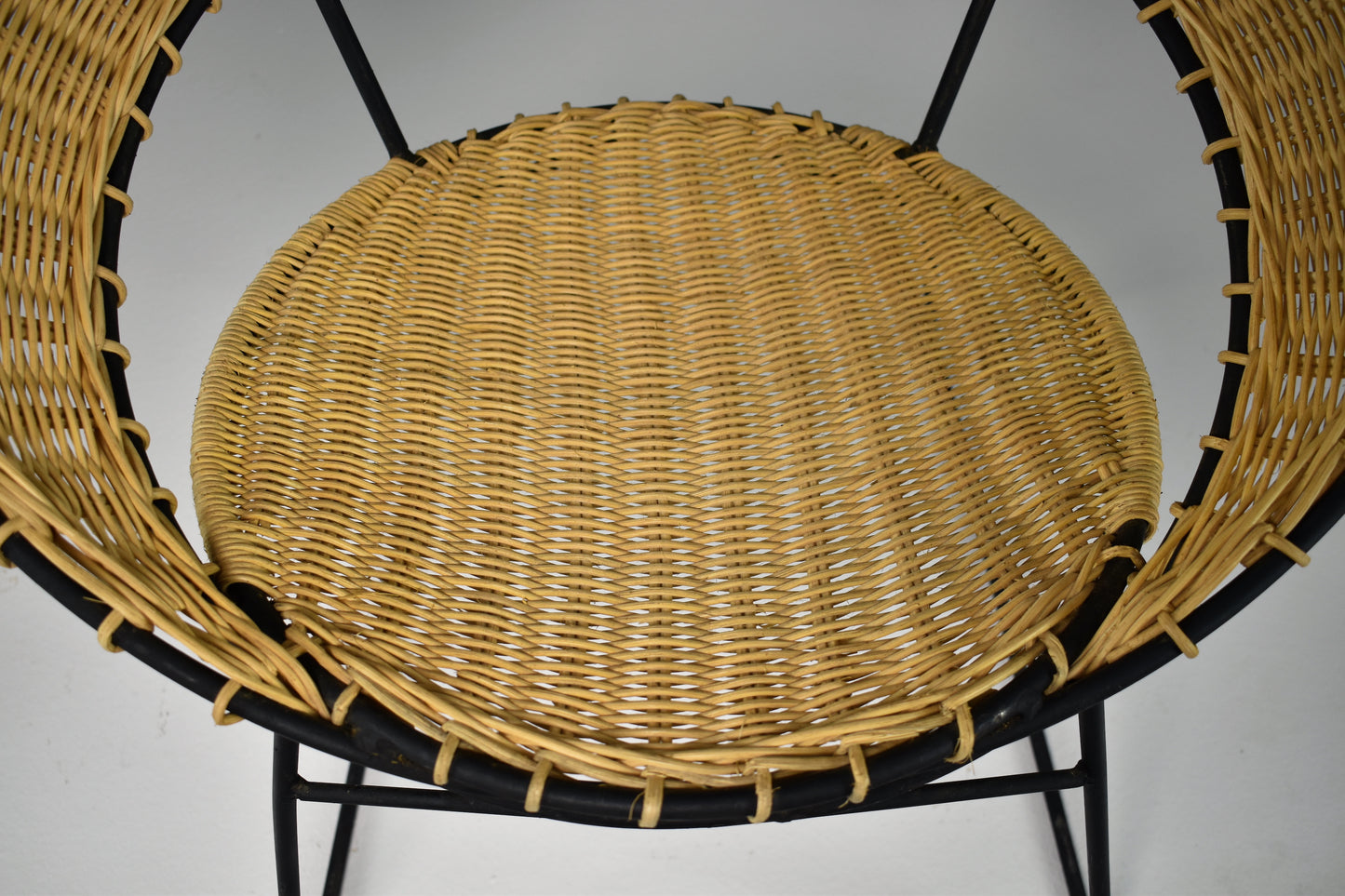 1950's French Rattan Chair and Table with Magazine Rack Set Raoul Guys - Spirit Gallery
