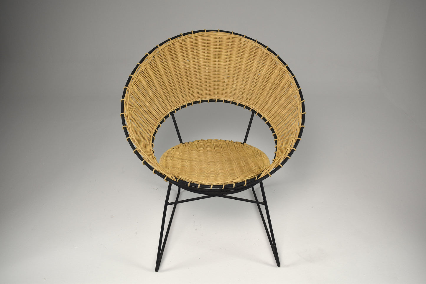 1950's French Rattan Chair and Table with Magazine Rack Set Raoul Guys - Spirit Gallery