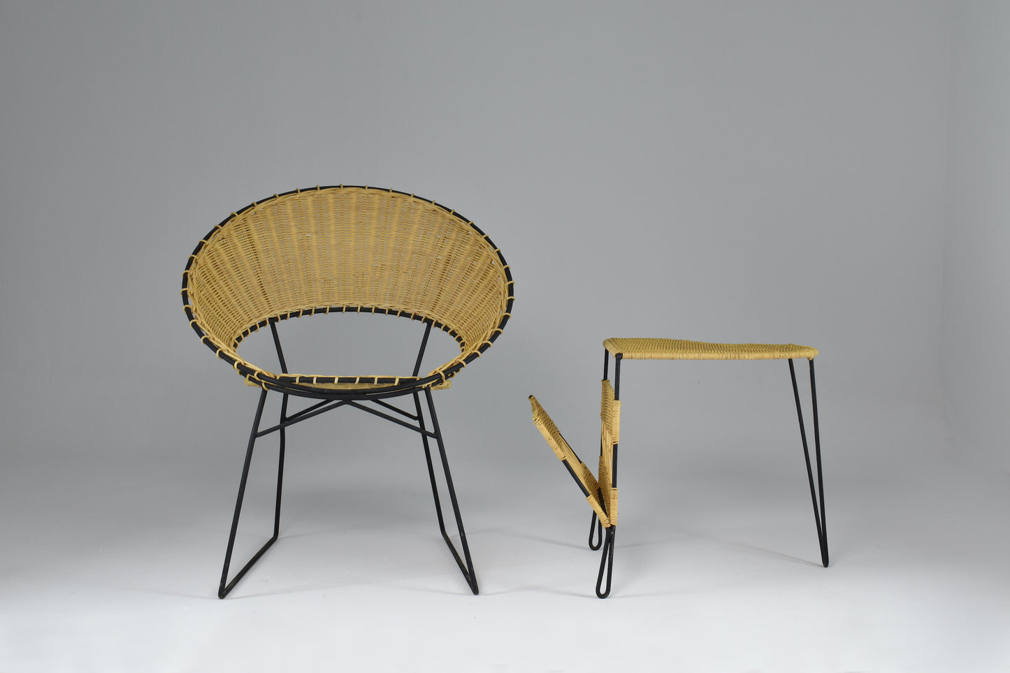 1950's French Rattan Chair and Table with Magazine Rack Set Raoul Guys - Spirit Gallery
