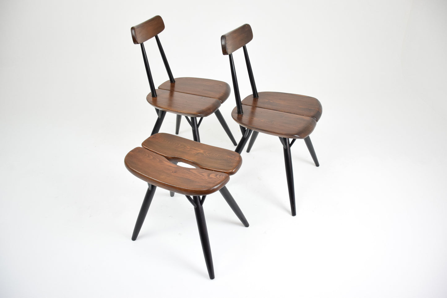 Pair of Pirkka Chairs with Rare Stool by Ilmari Tapiovaara for Laukaan Puu, Finland, 1955 - Spirit Gallery