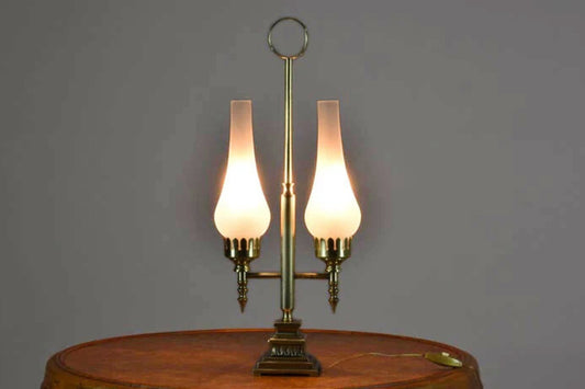 Italian Art Deco Double Brass Table Lamp with Handle, 1940s