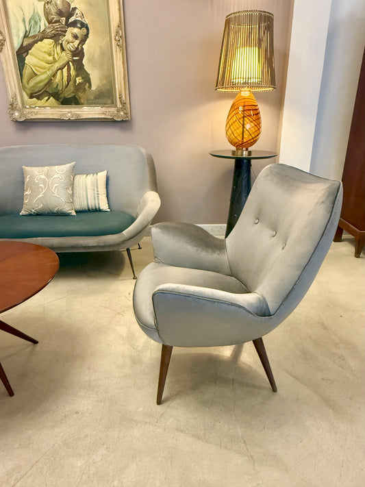 1940s Midcentury Franco Buzzi Grey Velvet Armchair