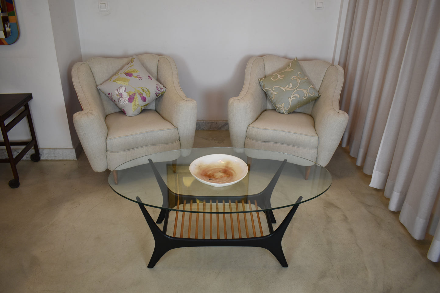 Pair of 1950s Italian Armchairs in Linen and Velvet, Attributed to Gio Ponti