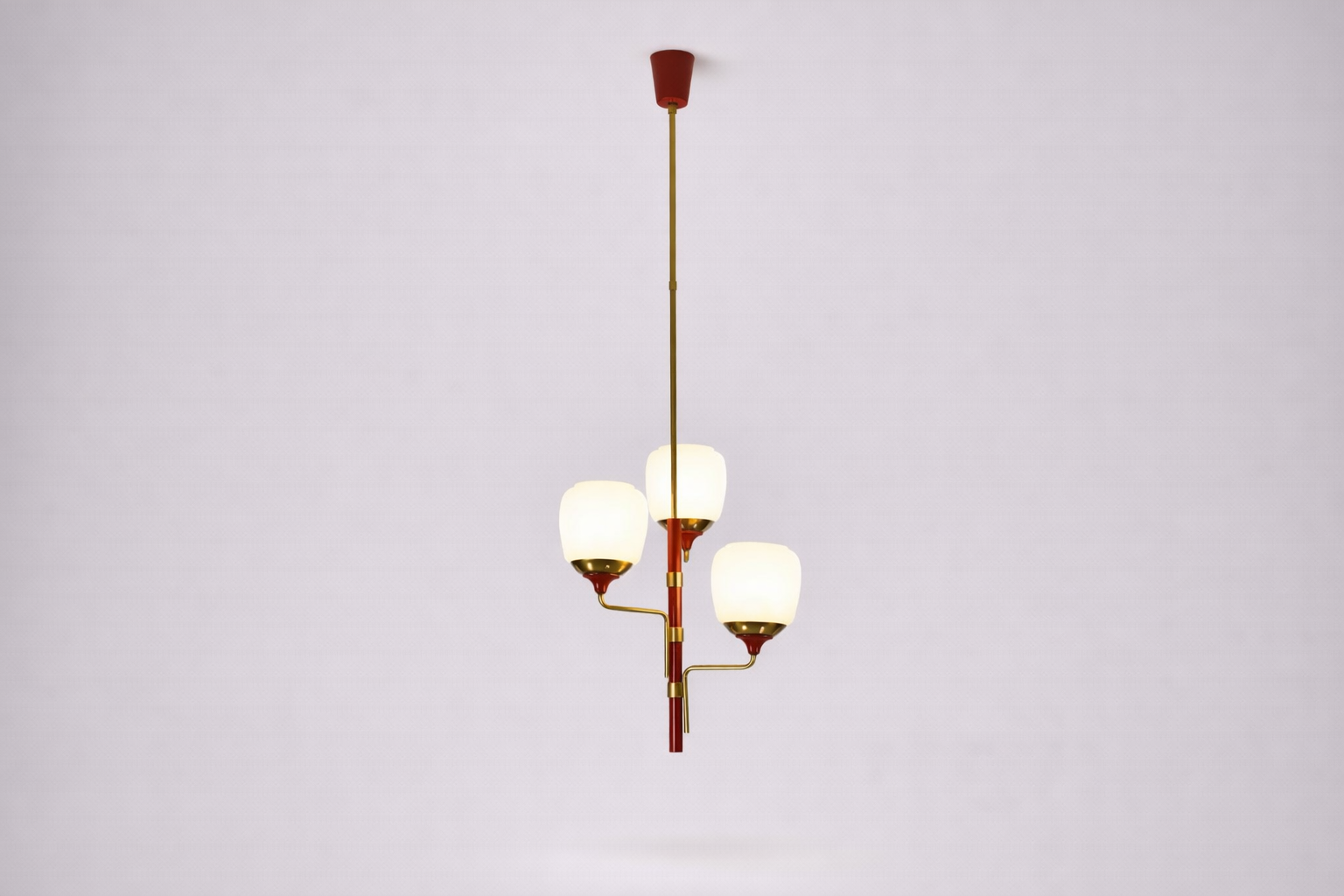 Shop 1950s Stilnovo-Style Pendant in Brass, Red Lacquer & Opaline Glass - Spirit Gallery Vintage Furniture