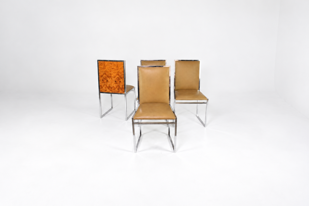 Set of 4 Italian Chrome, Burl Wood & Leather Dining Chairs, by La Metal Arredo Paderno 1970s