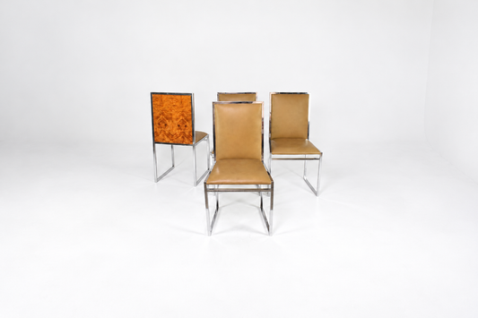 Set of 4 Italian Chrome, Burl Wood & Leather Dining Chairs, by La Metal Arredo Paderno 1970s