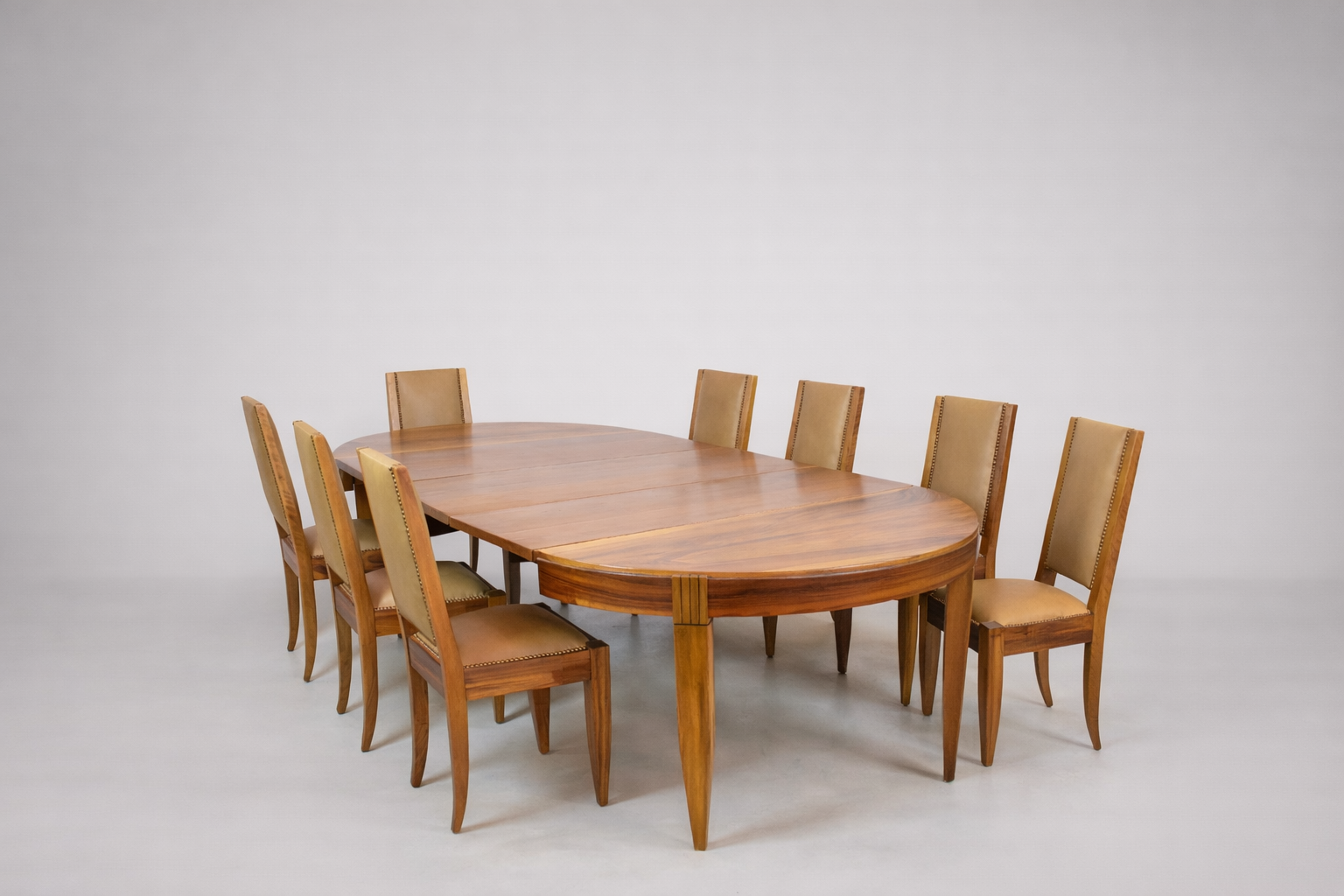 Shop Extendable Dining Table and Set of 8 Walnut & Leather Chairs by André Sornay, France, 1930s - Spirit Gallery Vintage Furniture