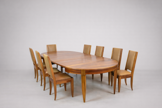 Shop Extendable Dining Table and Set of 8 Walnut & Leather Chairs by André Sornay, France, 1930s - Spirit Gallery Vintage Furniture