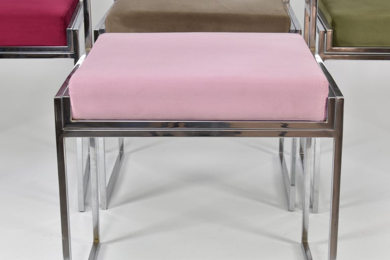 Italian Set of 4 Chrome & Velvet "SQ-AL" Dining Chairs by Willy Rizzo, 1970s