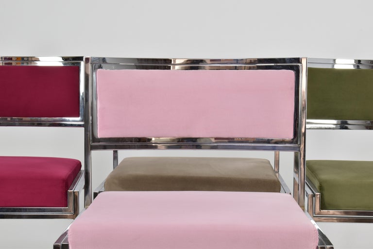 Italian Set of 4 Chrome & Velvet "SQ-AL" Dining Chairs by Willy Rizzo, 1970s