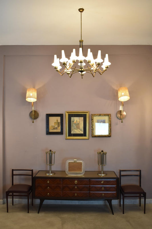Rare 1950s Italian Mid-Century Modern 15-Light Brass & Glass Chandelier, Attributed to Stilnovo