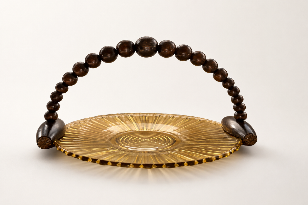 French Art Deco Amber Glass & Wood Centerpiece, 1930s