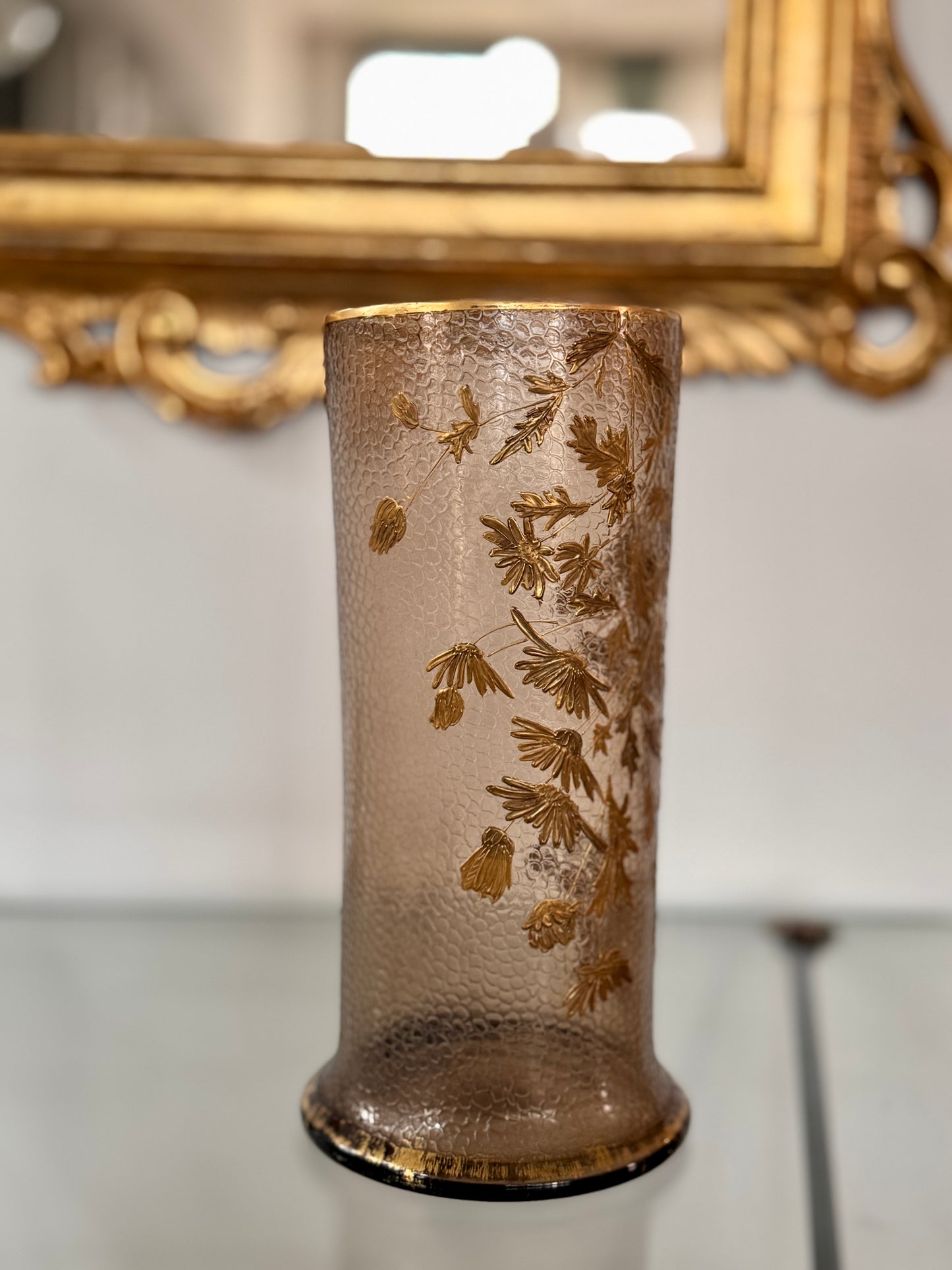 French Art Nouveau Gilt Floral Blown-Glass Vase Martelé, Legras, 1900s