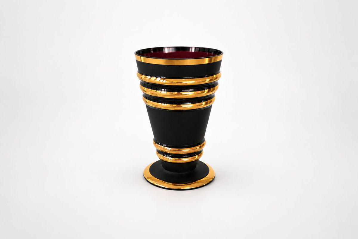 French Art Deco Plum Glass Vase with Gold Bands, 1930s

