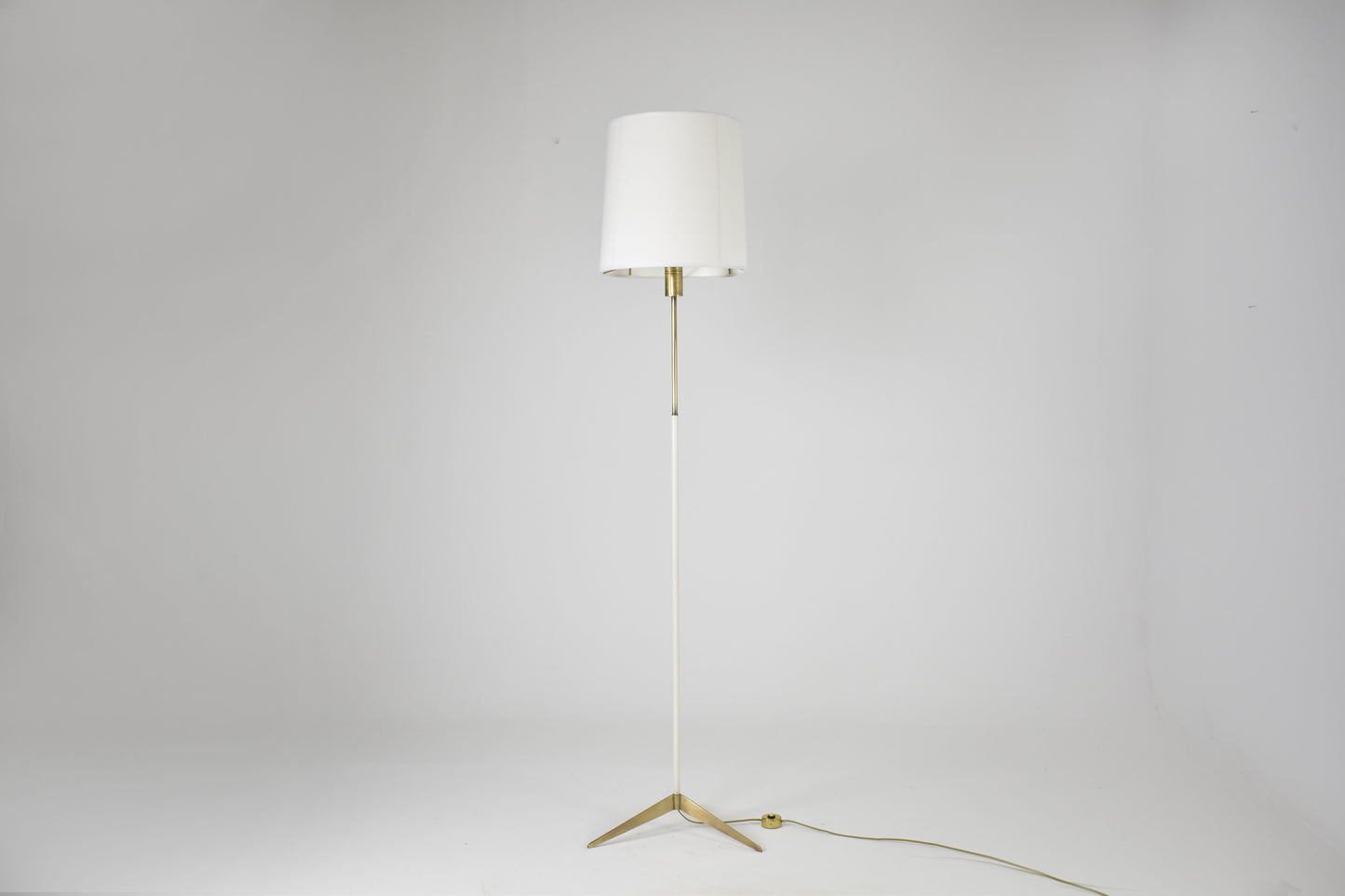Italian Brass and White Metal Tripod Floor Lamp in the Style of Stilnovo, 1950s
