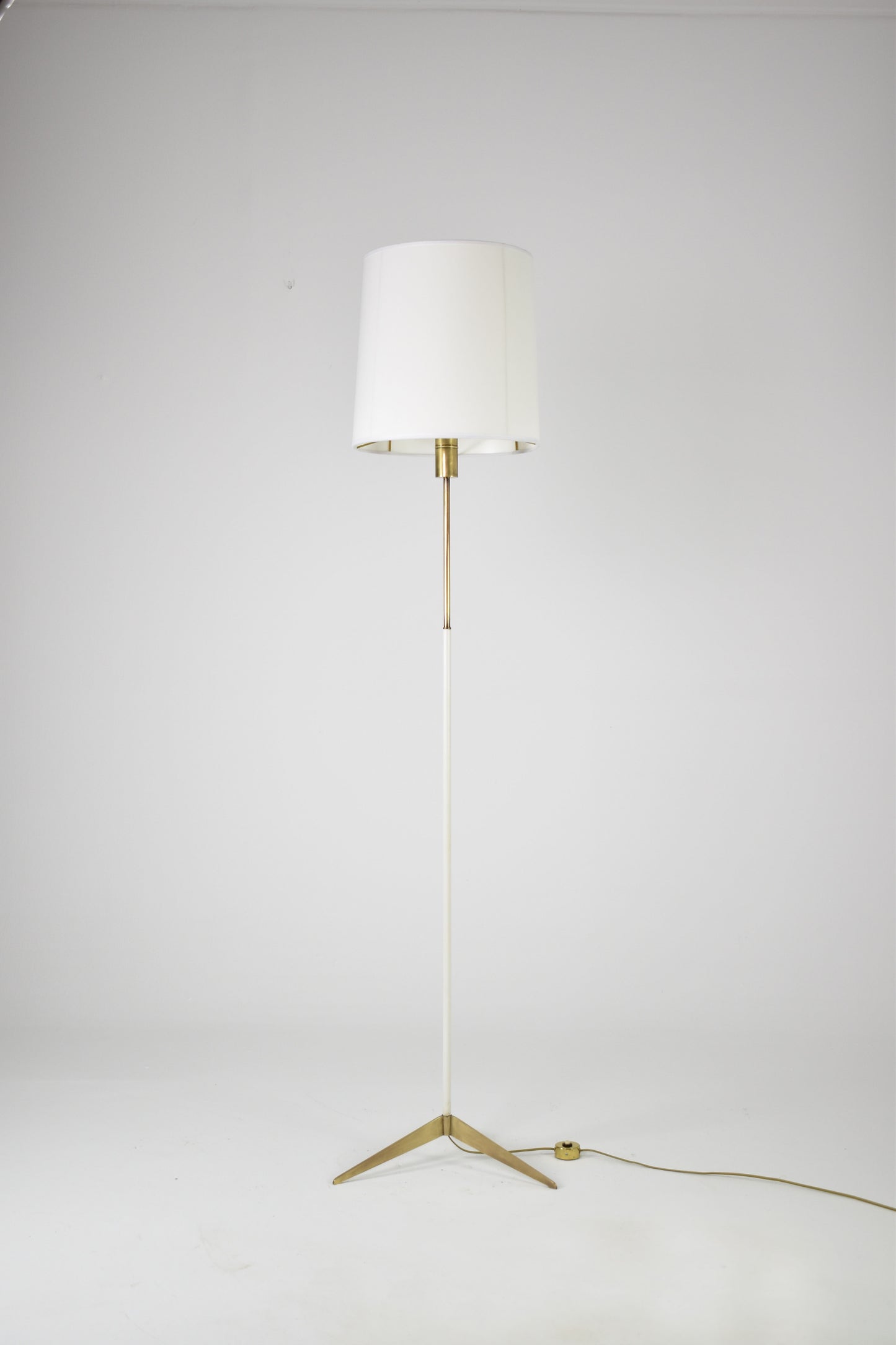 Italian Brass and White Metal Tripod Floor Lamp in the Style of Stilnovo, 1950s