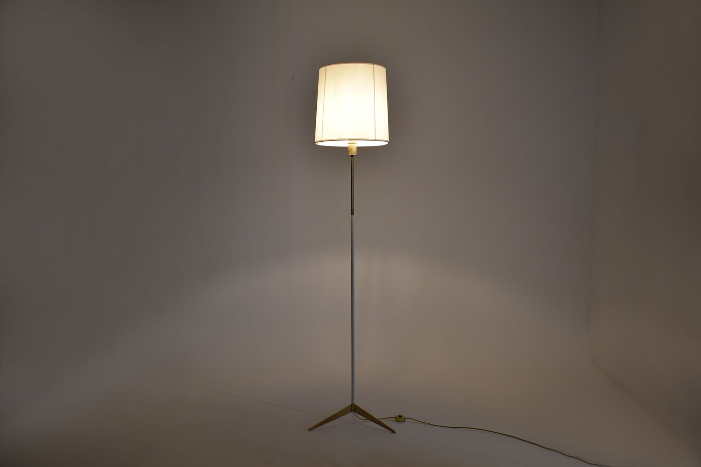 Italian Brass and White Metal Tripod Floor Lamp in the Style of Stilnovo, 1950s
