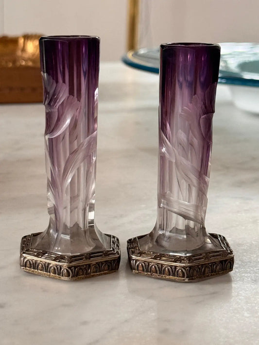 Pair of Vintage Art Nouveau Crystal Cut Vases by Moser