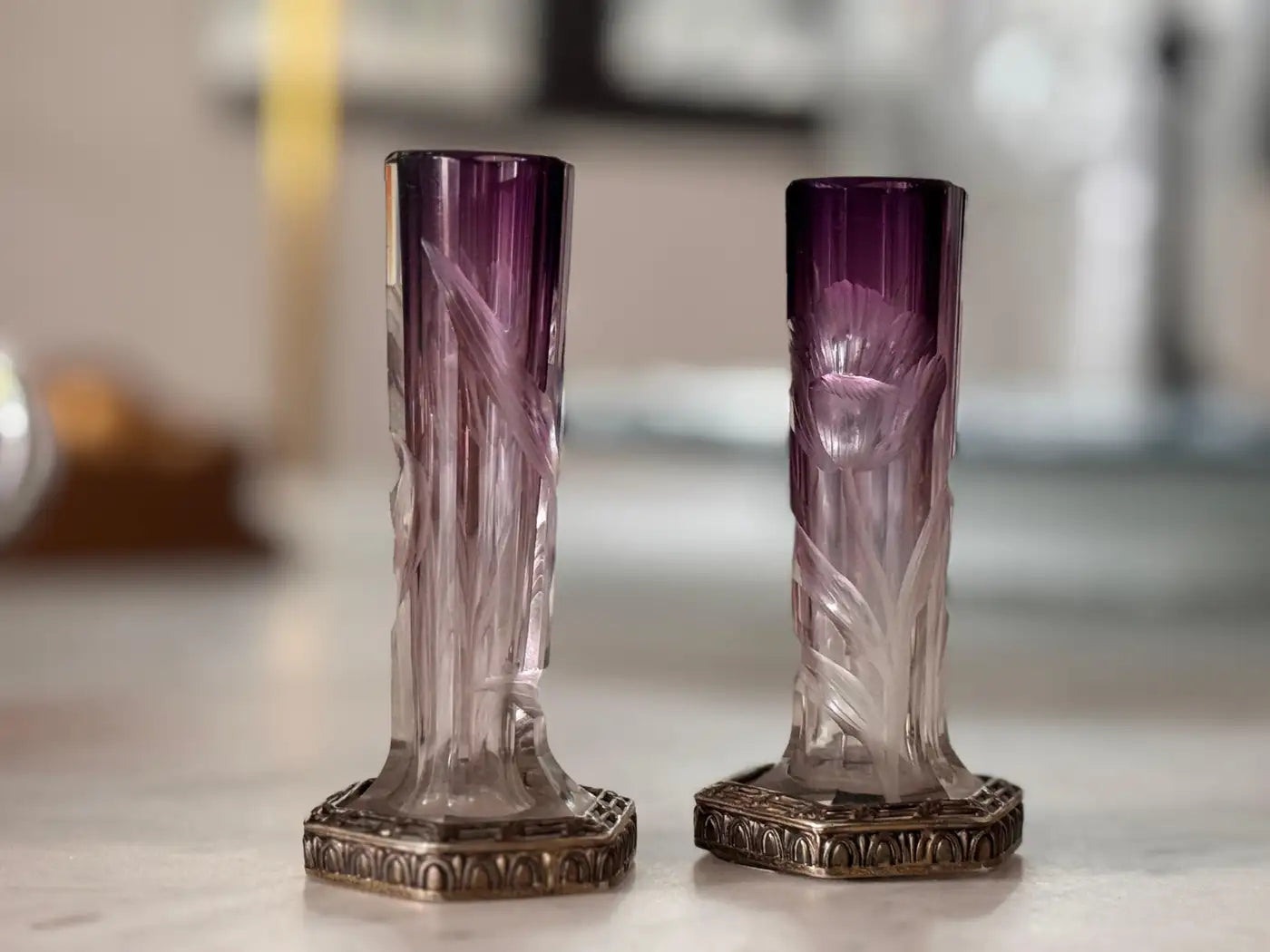 Paire de vases vintage Art Nouveau en cristal taillé de Moser