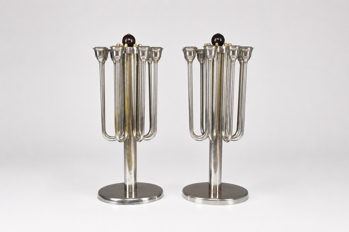 Pair of French Art Deco Brass & Nickel Candelabra, 1930s
