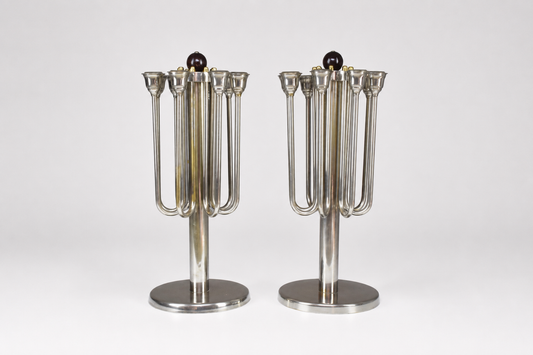 Pair of French Art Deco Brass & Nickel Candelabra, 1930s