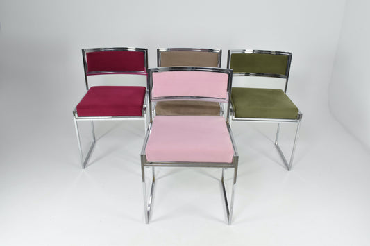 Italian Set of 4 Chrome & Velvet "SQ-AL" Dining Chairs by Willy Rizzo, 1970s