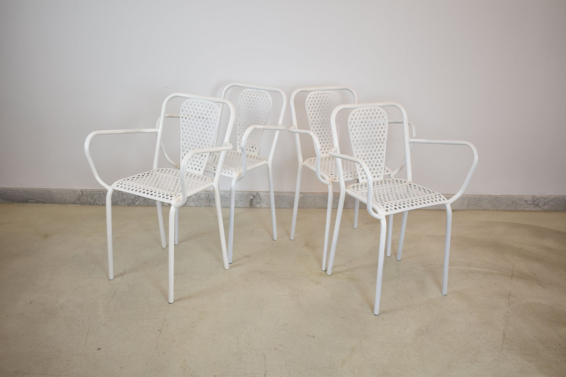 Shop Set of Four René Malaval Garden Chairs, White Lacquered Metal, France, 1950s–60s - Spirit Gallery Vintage Furniture