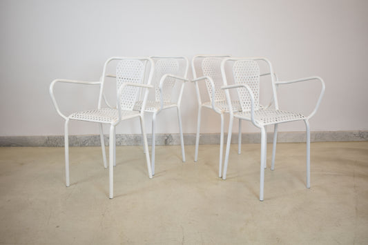 Set of Four René Malaval Garden Chairs, White Lacquered Metal, France, 1950s–60s