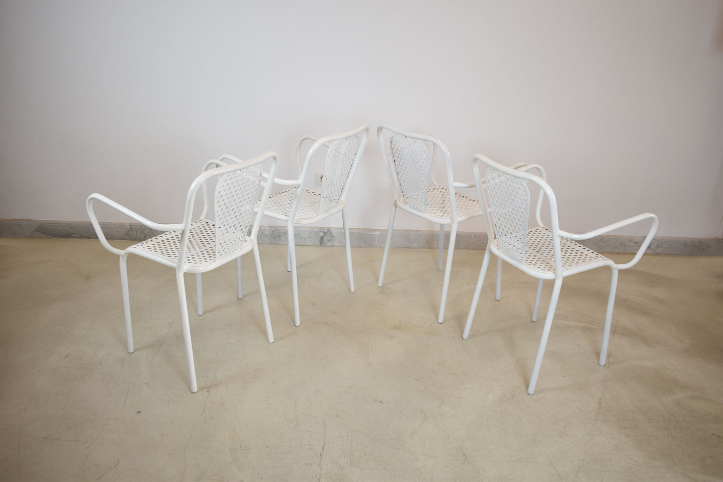 Shop Set of Four René Malaval Garden Chairs, White Lacquered Metal, France, 1950s–60s - Spirit Gallery Vintage Furniture