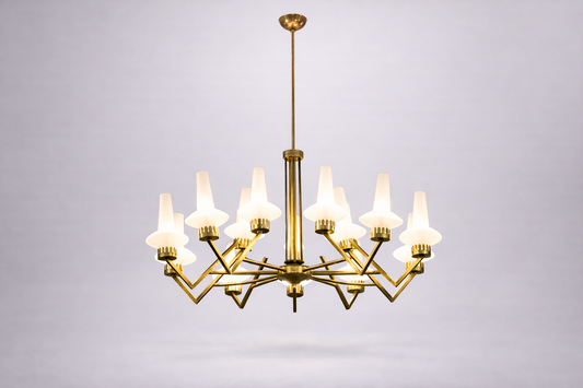 Shop 1950s Italian Mid-Century Modern 15-Light Brass & Glass Chandelier, Attributed to Stilnovo - Spirit Gallery Vintage Furniture