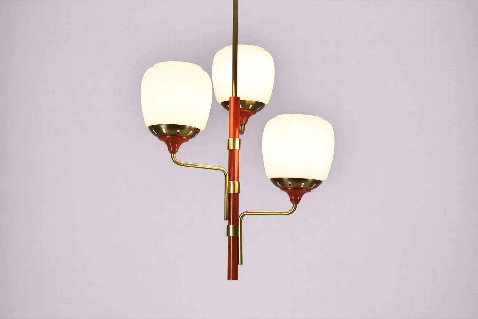 Shop 1950s Stilnovo-Style Pendant in Brass, Red Lacquer & Opaline Glass - Spirit Gallery Vintage Furniture