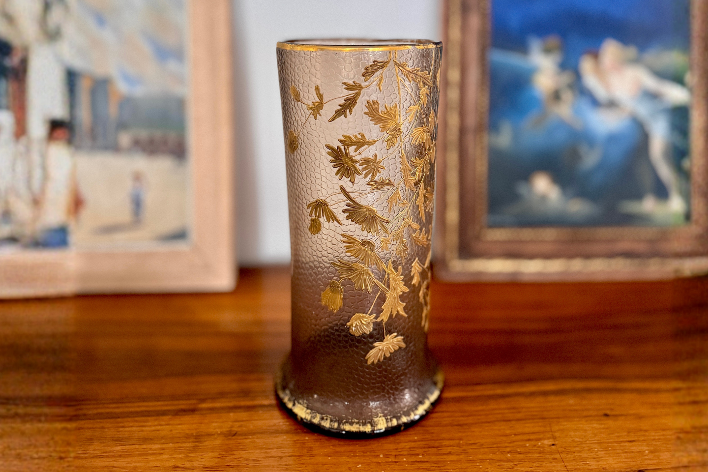 French Art Nouveau Gilt Floral Blown-Glass Vase Martelé, Legras, 1900s