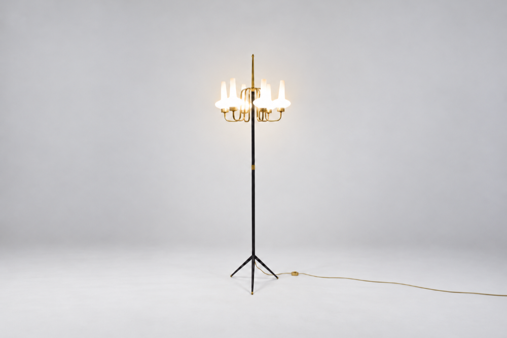 Italian Six-Light Brass & Opaline Floor Lamp, 1950s