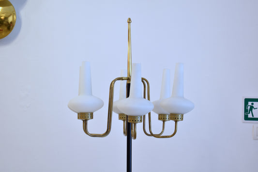 Vintage Italian Six-Light Brass and Opaline Glass Floor Lamp, 1950s
