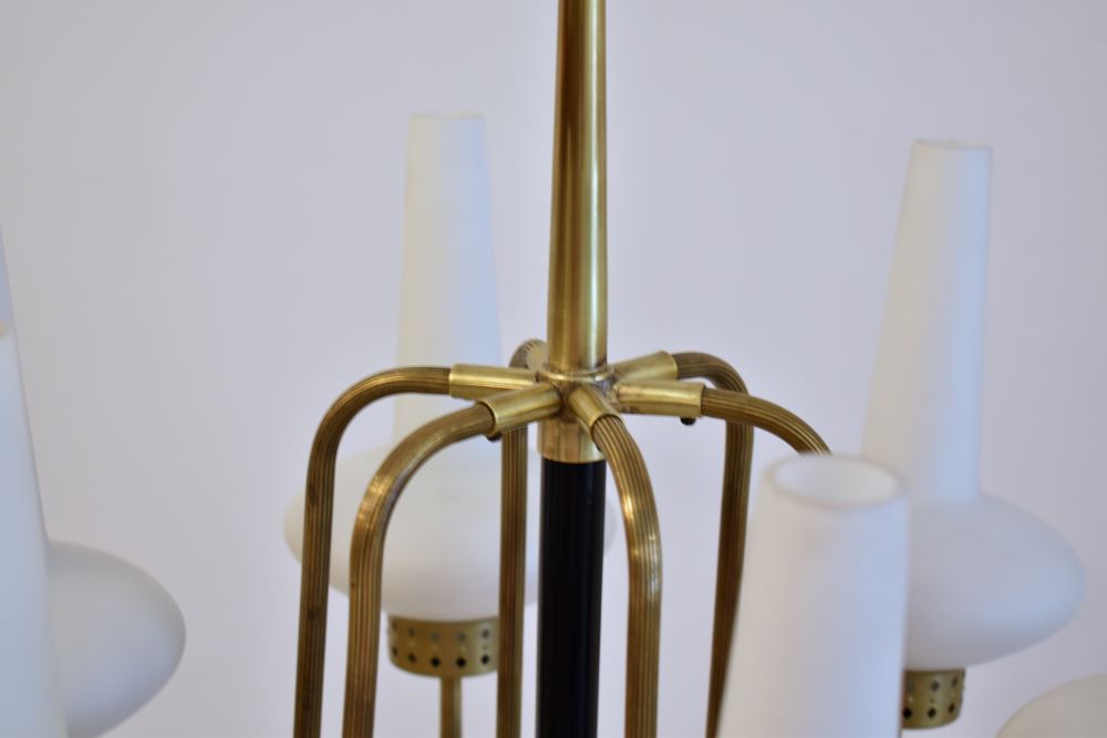 Vintage Italian Six-Light Brass and Opaline Glass Floor Lamp, 1950s