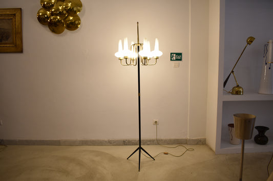 Vintage Italian Six-Light Brass and Opaline Glass Floor Lamp, 1950s